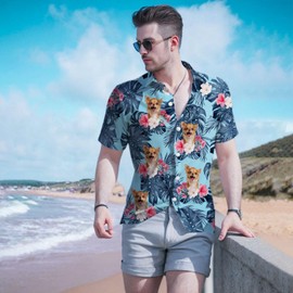 Lussues Nee Chihuahua Hawaiian Shirts for Men,Button Down Beach Casual Shirtss Blue