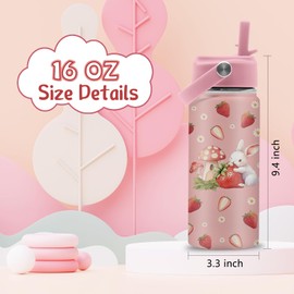 Rabbits and Strawberries Water Bottle, 16 oz Water Bottles with Straw Lid, Stainless Steel Insulated Tumbler, Cute Bunny Cup Gifts for Birthday Christmas
