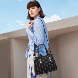 NICOLE & DORIS Women Fashion Handbags Designer Top Handle Bag PU Leather Shoulder Bags Plaid Tote Bag Crossbody Bag Girls Messenger Bag Black