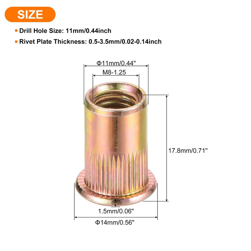 sourcing map 80Pcs Rivet Nuts Flat Head, M8-1.25 Carbon Steel