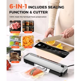 Vacuum Sealer Machine 75Kpa Precision Suction Power 6-in-1 Food Sealer with Digital Timer, Dry & Moist Food Modes, Compact Design with 10 Vacuum Bags & Built-in Cutter(Sliver)