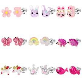9Pairs Unicorn Rainbow Stud Earrings for Girls, Multicolor, Assorted Styles Cute Multiple Animal Toddler Girls Butterfly Flower Earrings