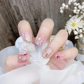 Press on Nails Square Short Length, 24 Pcs Natural Glossy Full Cover Reusable False Nails with Glue, Artificial Acrylic Fake Nails with Flower Designs, Glue on Nails Coffin for Women, Stick on Nails