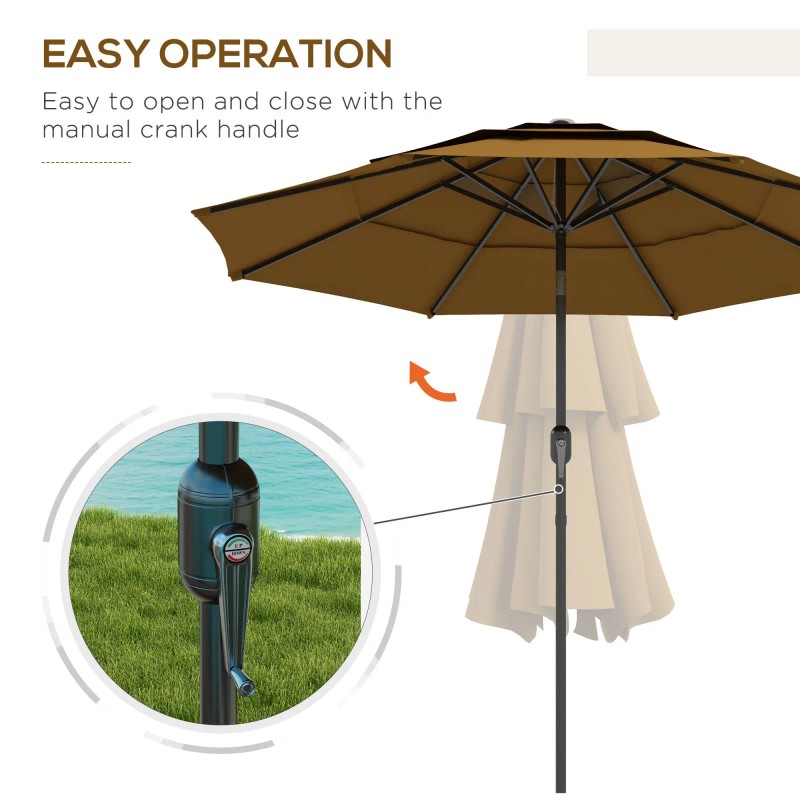 3 Tiers Tan 9FT Outdoor Patio Umbrella with Crank Push