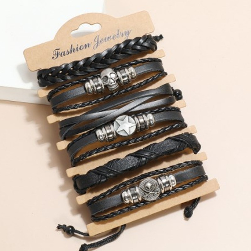 12PCS Braided Faux Leather Bracelet Set Multilayer Vintage Rock Style