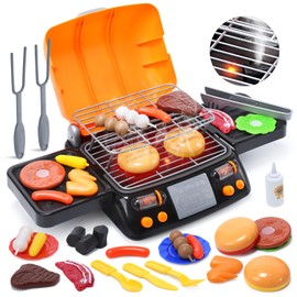 CUTE STONE Cooking Toy BBQ Set, 2 Layers Kids Grill Playset with Play Food, Pretend Smoke Sound and Light, Kitchen Accessories Utensils Toy, Outdoor Camping Barbecue Toys Gift for Toddlers Girls Boys