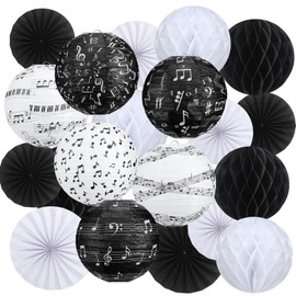 Baquler 18 Pcs Music Party Decoration Music Notes Hanging Paper Lanterns Black and White Paper Fans Honeycomb for Prom Rock Roll Concert 50's Theme Party Classroom Decoration