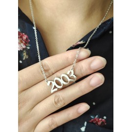Birthday Year Necklace,Women 18K Gold Plated Stainless Steel Birth Year Number Pendant Necklace Memorable Anniversary Jewelry for Men Girls,Silver 2003