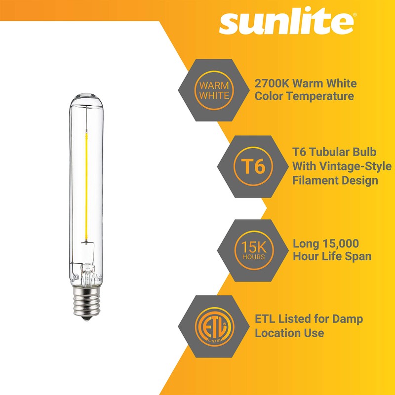 Sunlite LED Filament T6 T6.5 Tubular Light Bulb, 2 Watts