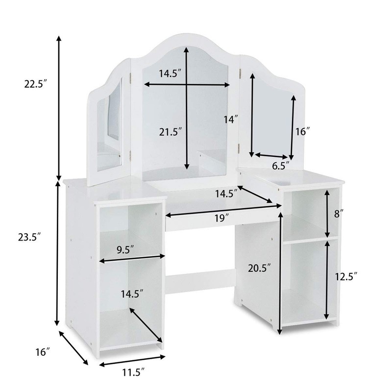 Nightcore Kids Vanity Table, White Dressing Table with 4 Storage