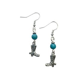 Cowboy Boot Charm Earrings with Turquoise Colored Stone Accent Beads on Sterling Silver Earwires, Spur, Southwestern, Cowgirl