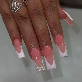 White French Tip Press on Nails Long Square ons, Natural Nude Fake Acrylic, Classic Glue Coffin, Gel for Women DIY Manicure 24 Pcs (White-13, Long Nails 13)