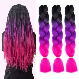 Braiding Hair Ombre Purple 24 Inch Braid Hair Extensions Hot Water Setting High Temperature Synthetic Fiber(C11-3Packs)