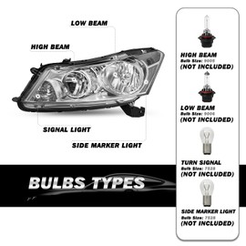 SOCKIR Headlight Assembly Pair Fit for 2008-2012 Honda Accord Sedan 4-Door Front Halogen Headlamp Chrome Housing with Clear Reflector Right Passenger and Left Driver Side