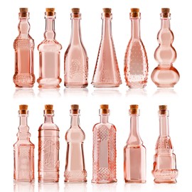 BULK PARADISE Small MIni Reddish Vintage Glass Bottles with Corks, MIni Vases, Decorative, Potion, Assorted Design Set of 12 pcs, 4.6 Inch Tall (11.43cm), 1.4 Inch Wide (3.56cm)