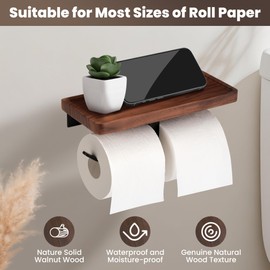 TOKCKYBL Double Toilet Paper Holder with Walnut Wood Shelf - Wall Mount & Self-Adhesive Bathroom Tissue Roll Holder, Black Stainless Steel with Walnut Shelf for Phone - Home Apartment Restroom