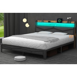 Winkalon Queen Bed Frame, Storage Headboard with Charging Station,Platform Bed Frame with RGB Lights, Solid and Stable, Noise Free, No Box Spring Needed, Easy Assembly,Gray