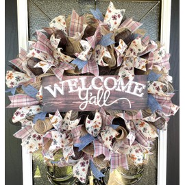 Welcome Y'all Prairie Floral, Butterflies, & Denim Spring Summer Fall Deco Mesh Wreath, Front Door Wall Entryway, Patio Porch Garden, Living Room Bedroom Wall Decoration, Handmade Handcrafted