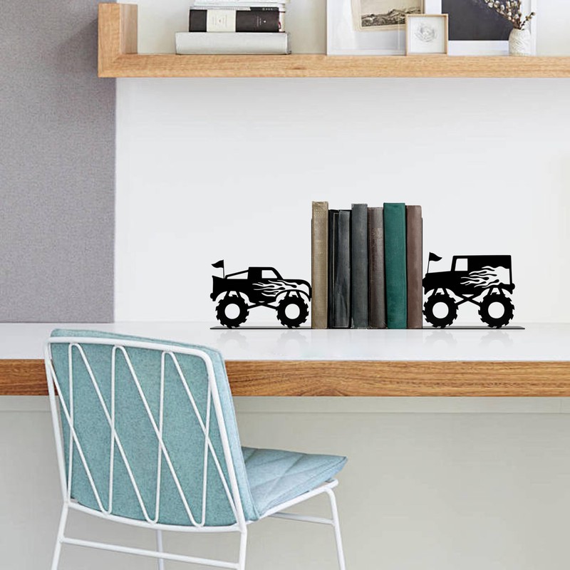 Kids Bookends for Books, Monster Truck Decor for Boys Room,