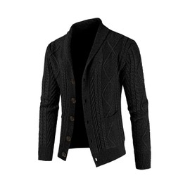 JMIERR Mens Cardigan Sweater Fall Casual Long Sleeve Shawl Collar Button-UP Wool Blend Cable Knit Sweaters with Pockets,M,Black