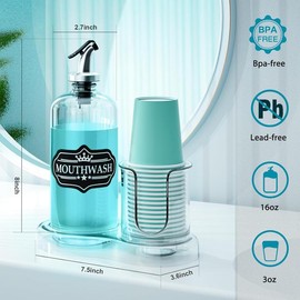 Mouthwash Dispenser for Bathroom with Cup Holder Detachable Glass Mouthwash Container 16 Oz Refillable Mouthwash Dispenser for Countertop Lightweight - Color: Clear