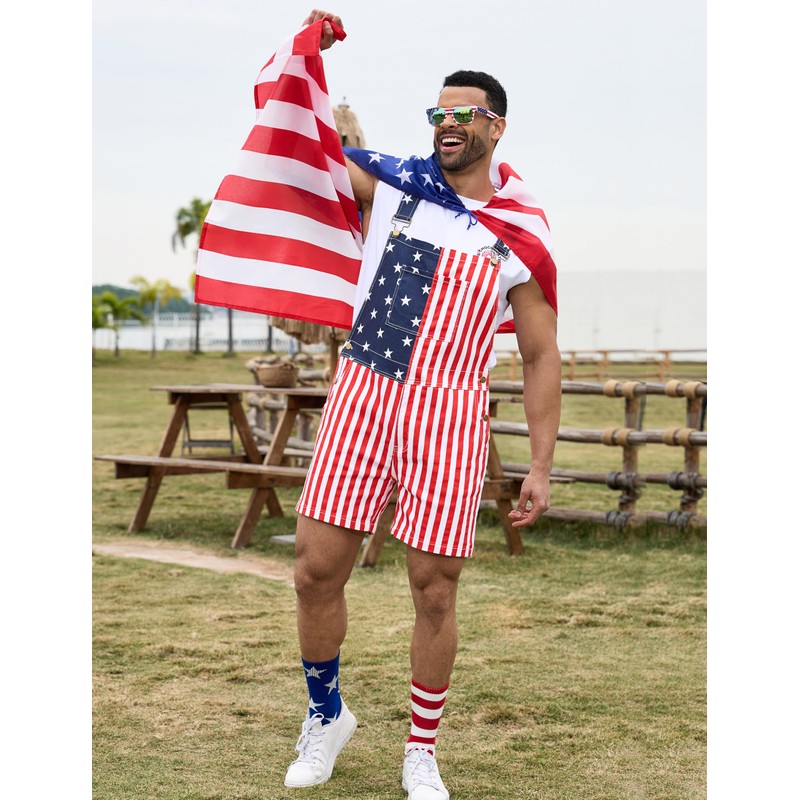Bindefon American Flag Overalls Men,4th of July Cape,USA Sunglasses,Patriotic Socks,4