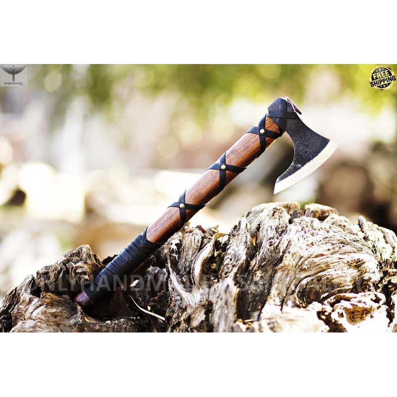 Custom Gift Forged Carbon Steel Viking Axe with Rose Wood
