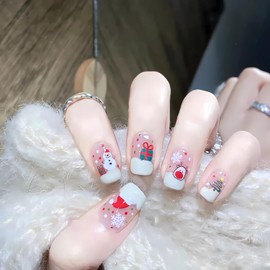 LPOODDNU Cute Christmas Press on Nails Short Square French Fake Nails with Snowman Snowflake Elk Christmas Tree Designs Glossy Full Cover Glue on Nails Christmas False Nails for Women Nail Art DIY