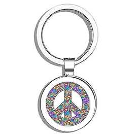 Peace Sign Floral Cute Hippie Metal Round Metal Key Chain Keychain Ring
