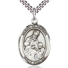 Heartland Store Men's Pewter Oval Saint Ambrose Medal + 20 inch Rhodium Plate Chain & Clasp| USA Made