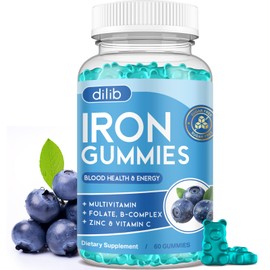 Iron Gummies with Multivitamin, Iron Supplement for Women & Men with Zinc, Vitamin B Complex & C, B12, Folate - Blood Builder & Energy Support for Adults & Kids - Blueberry Flavor, Vegan 60 Gummies