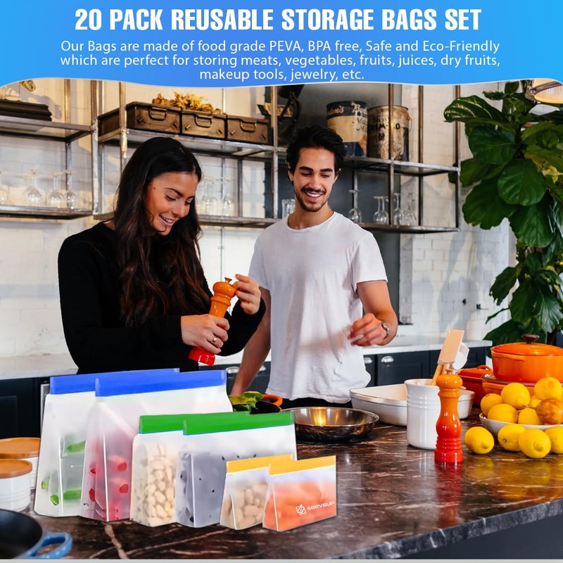 SERVEUP 20 Pack Dishwasher Safe Reusable Food Storage Bags –