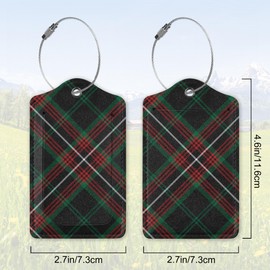 2 Pack Leather Luggage Tag for Suitcase Dark Green Red Plaid Christmas Unique Travel Tags with Privacy Cover ID Label & Stainless Steel Loop for Men and Women Baggage