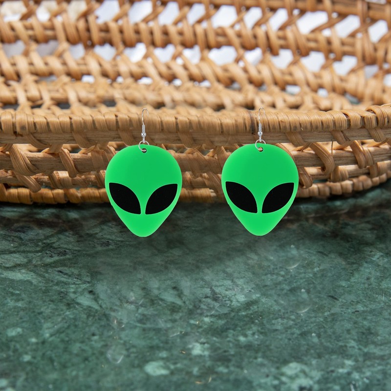 Just Follow Acrylic Punk Green Alien Face Dangle Earrings Big