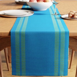 Encasa XO Dining Table Runner | Yarn Dyed Fine Ribbed Cotton | Size 32x150 cm | Ladder Turq Blue | Machine Washable