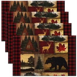 Set of 4 Bear Cabin Plaid Placemats 12x18, Rustic Farmhouse Place Mats, Retro Hunting Deer Scratch Proof Placemats, Country Woodland Pine Tree Waterproof Placemats, Maple Leaf Table Mats for Kitchen