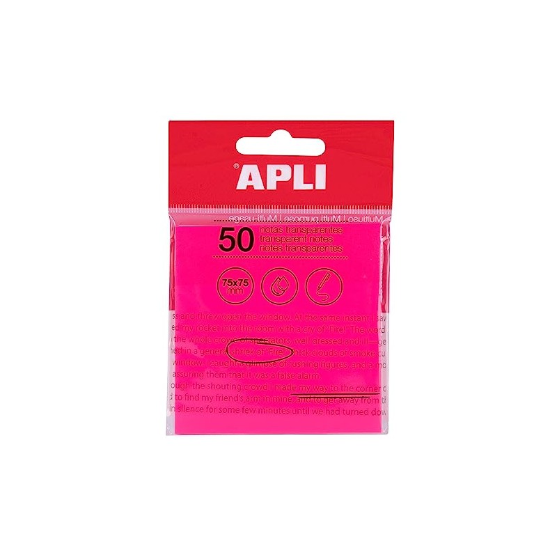 APLI 19570 Clear Sticky Notes 75x75mm Pink 50 Clear Sheets