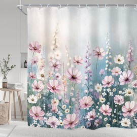 Riyidecor Watercolor Pink Floral Shower Curtain for Bathroom Decor 60Wx72H Boho Flower Colorful Plants Nature Spring Romantic Girl Women Art Printed Fabric Polyester Waterproof 12 Pack Plastic Hooks
