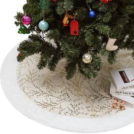 Lewondr 48 Inch Christmas Tree Skirt, Soft Velvet Christmas Tree Decoration Base Cover with Flowers and Branches Hot Stamping Pattern for Holiday Party Celebration Christmas Decorations, Beige&White