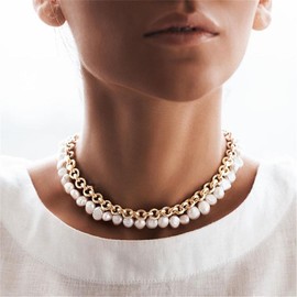 Vacaonio Boho Layered Pearl Chain Necklace Chunky Curb Link Chain Necklace Round Pearl Beaded Necklace Vintage Pearl Collar Necklace Pearl Wedding Necklace Jewelry for Women