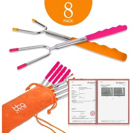 BBQStyle Marshmallow Roasting Sticks, Set of 8 Pack Premium 45'' Extendable Rotating Telescoping Forks for Hot Dog & Smores, Special Safe and Healthy Cookware for Campfire, Camping & Bonfire