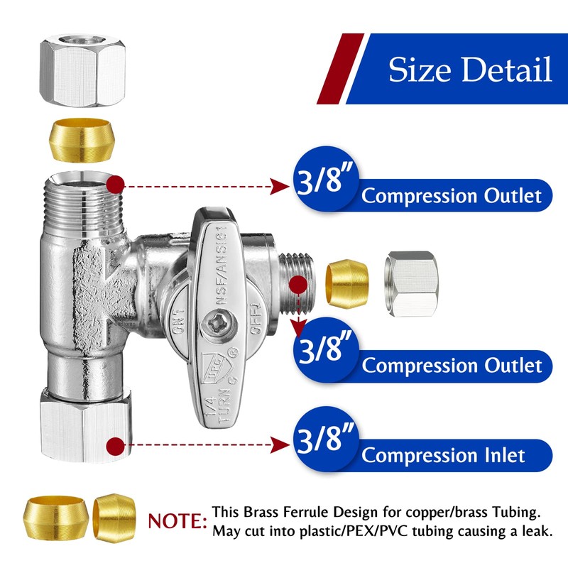 Tee Stop Valve Add-A-Tee Valve, 3/8" Compression Faucet T Adapter