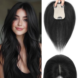 LEDIZE Hair Toppers for Women Real Human Hair, 360° Cover Middle Part Human Hair Toppers for Women with Thinning Realistic Scalp Line Upgrade Basement Toppers Hair Pieces (Black, Side Bangs)