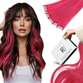 RUNATURE Clip-In Real Hair Extensions, Hot Pink, 35 cm, 5 Pieces, 25 g, Remy Straight Hair Extensions