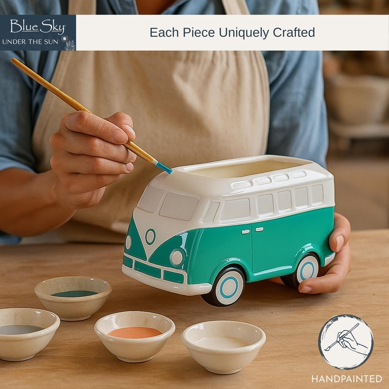 Blue Sky Clayworks Ceramic Bus 7“ Planter, Multi Color