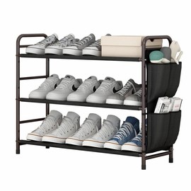 3 / 4/ 5 / 6 Tier Shoe Rack Storage Organizer Free Standing Metal Shoe Shelf Compact Shoe Organizer with Side Bag for Entryway Closet Bedroom,Bronze:_4 Tier-Black