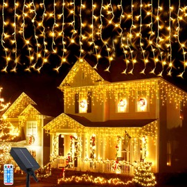 Solar Icicle Lights, 5 m Waterproof Icicle Fairy Lights, 256 LEDs Outdoor Solar Fairy Lights with 8 Modes Remote Control, Christmas Lighting for Yard Garden Party Wedding Christmas Decorations