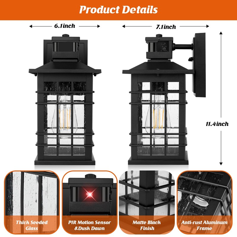 Motion Sensor Outdoor Wall Light Black, Dusk to Dawn Outside