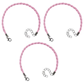 3 x Ladies Girls Women's Braided Faux Leather Thin Skinny Friendship Bracelets (Pink)