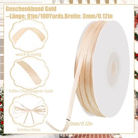 100 Yards Gold Ribbon 3mm Gift Ribbon Gold Satin Ribbon Champagne Golden Ribbon Decorative Ribbon for Gift Wrapping Crafts Christmas Birthday Wedding Decoration